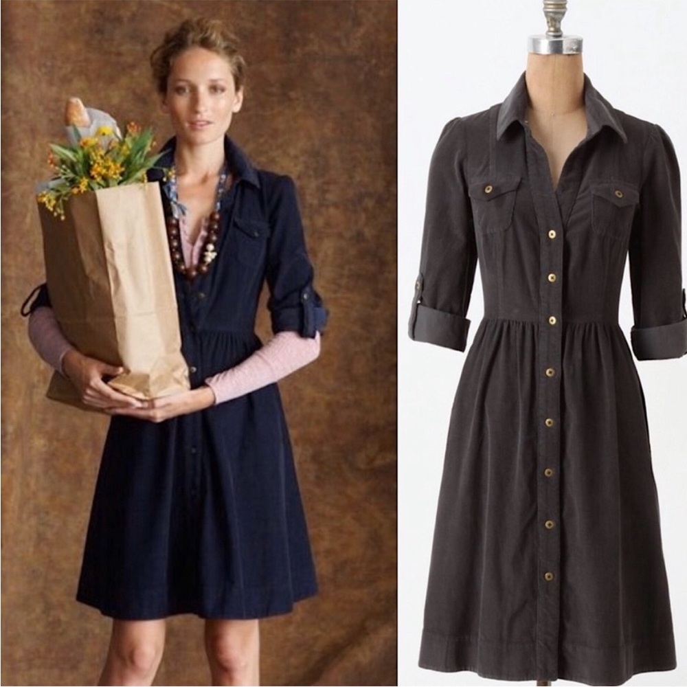 FEI Anthropologie Gray fit & flare corduroy cord shirt dress 2